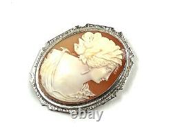 Antique Large 14K White Gold Hand-Carved Shell Cameo Pendant/Brooch, 2 x 1 5/8