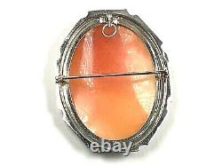 Antique Large 14K White Gold Hand-Carved Shell Cameo Pendant/Brooch, 2 x 1 5/8