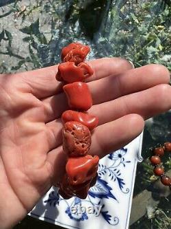 Antique Natural Coral Chunky Beads Orange Red Bead Necklace Rare 105 Grams