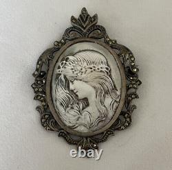 Antique Sterling Silver Marcasite Hand Carved Mother of Pearl Cameo Pin Pendant