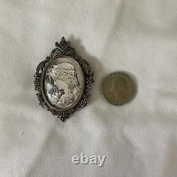 Antique Sterling Silver Marcasite Hand Carved Mother of Pearl Cameo Pin Pendant