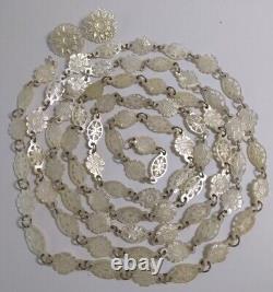 Antique Victorian Carved Mother of Pearl Rosary 78Flower Chain Necklace Filigree