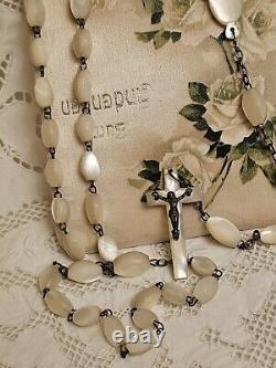 Antique Victorian Catholic Rosary Hand Carved Mother of Pearl Beads RARE