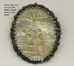 Antique Victorian Era Brooch in Mother of Pearl, Carved Scene, French Romantic