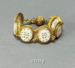Antique Victorian French Carved Mother of Pearl Roses Gild Brass Link Bracelet