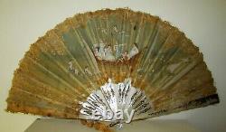 Antique Victorian Mother Of Pearl Carved Silver Gold Foil Inlay Fan