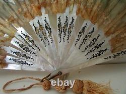 Antique Victorian Mother Of Pearl Carved Silver Gold Foil Inlay Fan