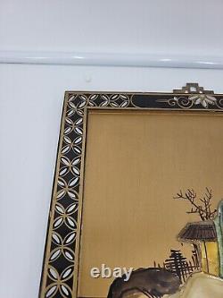 Antique Vintage Chinese Hand Carved&painted Mother Of Pearl Wall Plaque Panel
