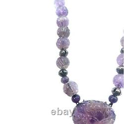 Antique or Vintage Amethyst Chinese Shou Carved Beads & Floral Pendant Necklace
