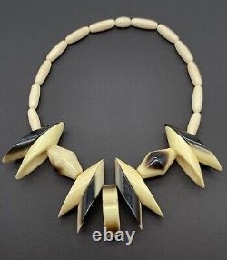 Art Deco Necklace Galalith Casein Bead Carved Cream Brown 30s French Bakelite A1