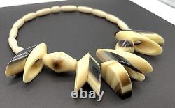 Art Deco Necklace Galalith Casein Bead Carved Cream Brown 30s French Bakelite A1