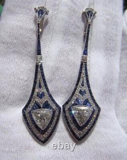 Art Deco Trillion Lab Created Diamond & Sapphire Engagement 925 Silver Earrings