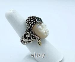Barbara Bixby Sterling 18k Carved Mother of Pearl & Topaz Buddha Ring Sz7