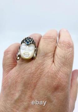 Barbara Bixby Sterling 18k Carved Mother of Pearl & Topaz Buddha Ring Sz7