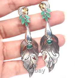 Black Mother Of Pearl Carved, Citrine, Emerald Earrings Silver 925 Sterling