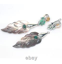 Black Mother Of Pearl Carved, Citrine, Emerald. Earrings Silver 925 Sterling