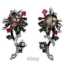 Black Mother Of Pearl Carved, Red Ruby & Cubic Zirconia Earrings 925 Silver