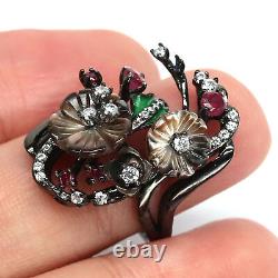 Black Mother Of Pearl Carved, Red Ruby & Cubic Zirconia Ring 925 Sterling Silver