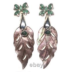 Black Mother Of Pearl Leaf-Carved, Emerald & Cubic Zirconia Earrings 925 Silver