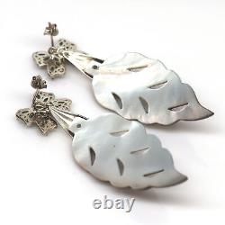 Black Mother Of Pearl Leaf-Carved, Emerald & Cubic Zirconia Earrings 925 Silver
