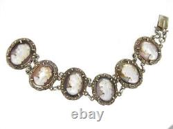 Bracelet CAMEXCO 800 Silver Carved Mother of Pearl Cameos Marcasite 5.5 Short
