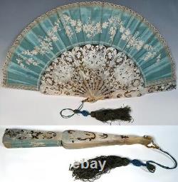 C. 1850s French Hand Fan, Opulent Carved 26.4 cm Mother of Pearl Monture & Silk
