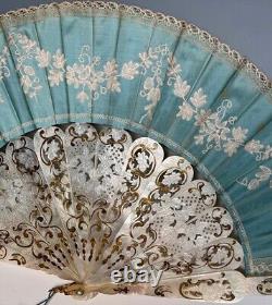C. 1850s French Hand Fan, Opulent Carved 26.4 cm Mother of Pearl Monture & Silk