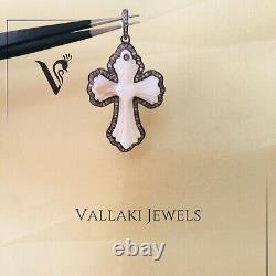 CARVED Mother of Pearl Natural Pave Diamond Cross Pendant in 925 Silver Handmade
