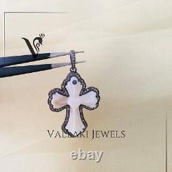 CARVED Mother of Pearl Natural Pave Diamond Cross Pendant in 925 Silver Handmade