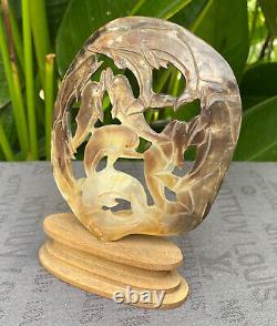 Carved Dolphin Seashell stunning Mother of pearl, carved Skull Shell incl. Stand