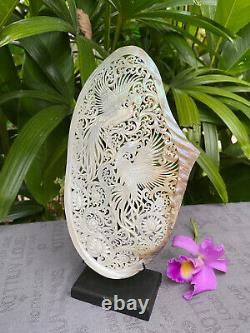 Carved Phonix Humming Bird Large Seashell Mother of pearl carved Shell + Stand