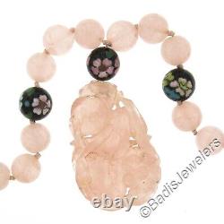 Carved Pink Quartz Pendant on Bead quartz & Painted Laquer 24 Strand Necklace