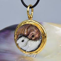 Dragon Yin Yang Pendant Carved Mother-of-Pearl & Vermeil Sterling Silver 15.27g