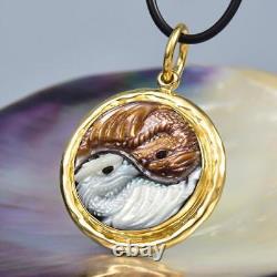 Dragon Yin Yang Pendant Carved Mother-of-Pearl & Vermeil Sterling Silver 15.61 g
