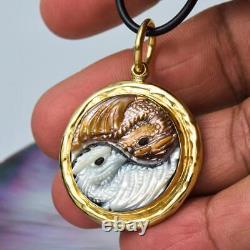 Dragon Yin Yang Pendant Carved Mother-of-Pearl & Vermeil Sterling Silver 15.61 g