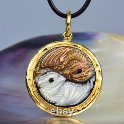 Dragon Yin Yang Pendant Carved Mother-of-Pearl & Vermeil Sterling Silver 15.66 g