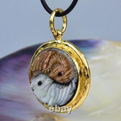 Dragon Yin Yang Pendant Carved Mother-of-Pearl & Vermeil Sterling Silver 15.66 g