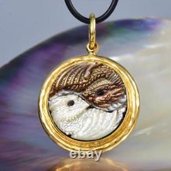 Dragon Yin Yang Pendant Carved Mother-of-Pearl & Vermeil Sterling Silver 17.13 g