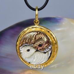 Dragon Yin Yang Pendant Carved Mother-of-Pearl & Vermeil Sterling Silver 17.13 g