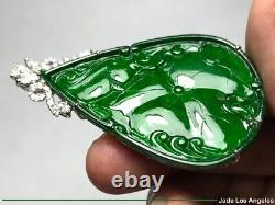 Fish Lotus Leaf Bat Emerald Green Jadeite Jade 18K white Gold Diamond Pendant