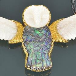 Gold Vermeil Sterling Owl Necklace Carved Mother-of-Pearl & Abalone Shell 25.28g