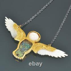 Gold Vermeil Sterling Owl Necklace Carved Mother-of-Pearl & Abalone Shell 25.28g