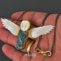 Gold Vermeil Sterling Owl Necklace Carved Mother-of-Pearl & Paua Shell 24.14 g