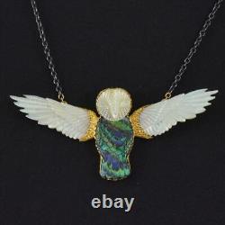 Gold Vermeil Sterling Owl Necklace Carved Mother-of-Pearl & Paua Shell 24.14 g
