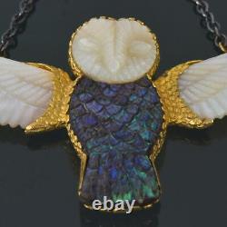 Gold Vermeil Sterling Owl Necklace Carved Mother-of-Pearl & Paua Shell 24.23 g