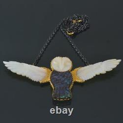 Gold Vermeil Sterling Owl Necklace Carved Mother-of-Pearl & Paua Shell 24.23 g