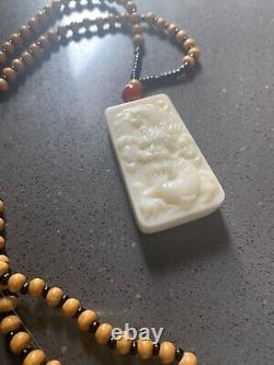 Hand-Carved Hetian White(rare Color)Jade Dragon Pendant Beads Chain Necklace