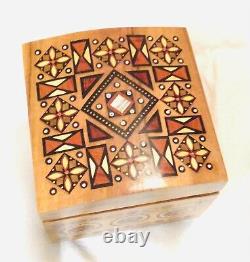 Hand carved inlaid Ukrainian square Box Beads, mother of Pearl, metal inlaid