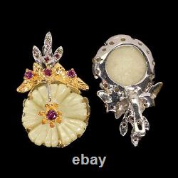 Handcraft Flower Carving Mop 20x19mm Sapphire Gems 925 Sterling Silver Earrings