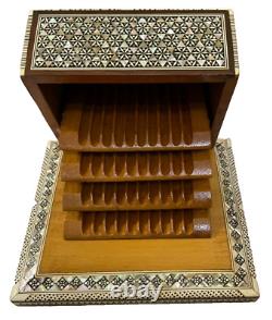Handmade Antique Wood Cigarette Box Carved Mother Of Pearl Inlay (40 Cigarettes)